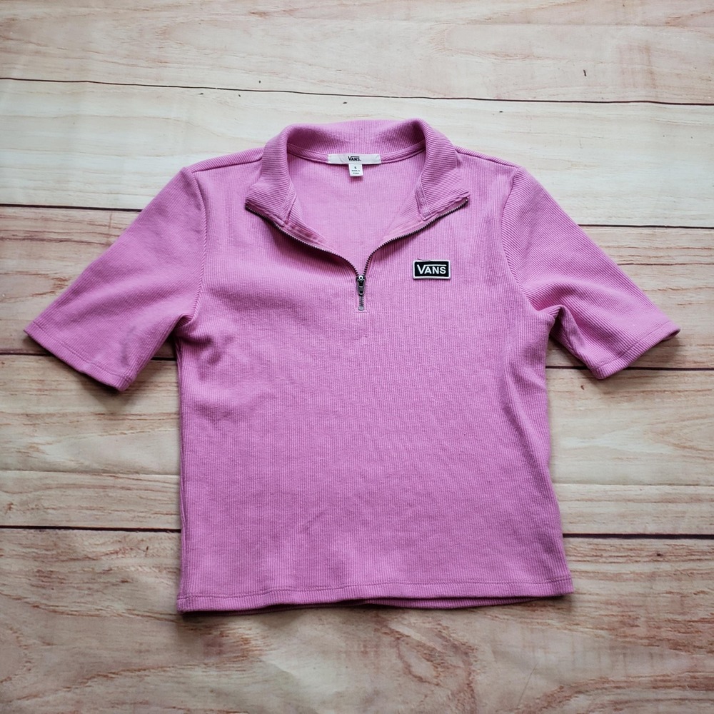 VANS T-Shirt Womens S Pink Collared 1/2 Zip Embroidered Logo Knit Short Sleeve
